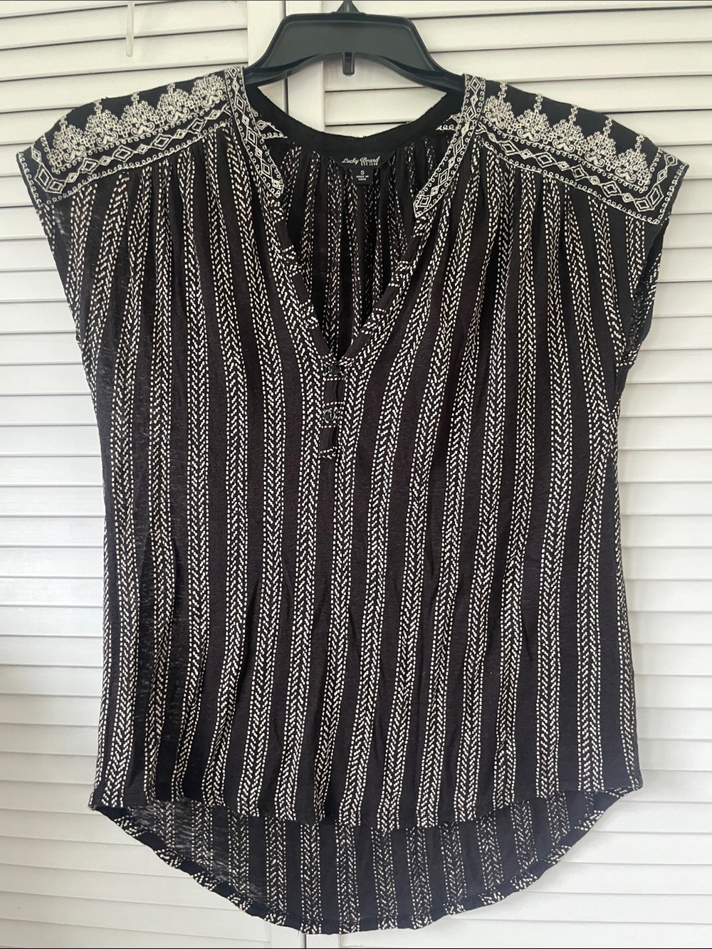Lucky Brand Black & tan Vertical Stripe Embroidered Yoke Blouse